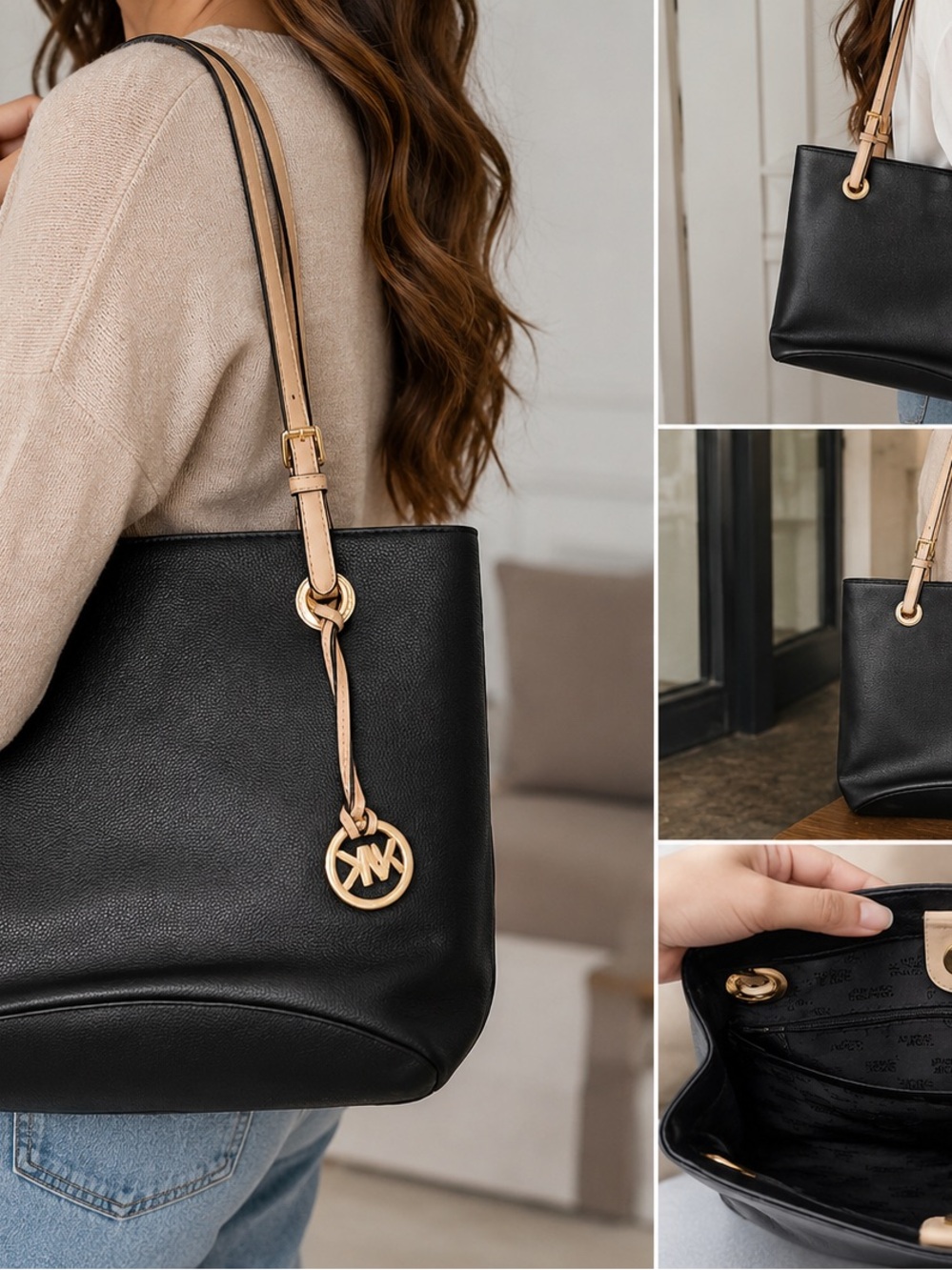 Michael Kors Black Leather Tote with Tan Contrast Straps